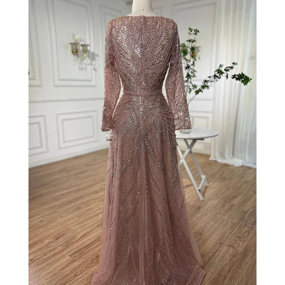 Zapdress Ccustomized Rose Gold Long Sleeves A-Line Beaded Evening Party Gowns Mother of the Bride Dress DLA70287L (ZD17336)