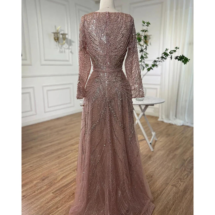 Serene Hill Ccustomized Rose Gold Long Sleeves A-Line Beaded Evening Party Gowns Mother of the Bride Dress DLA70287L