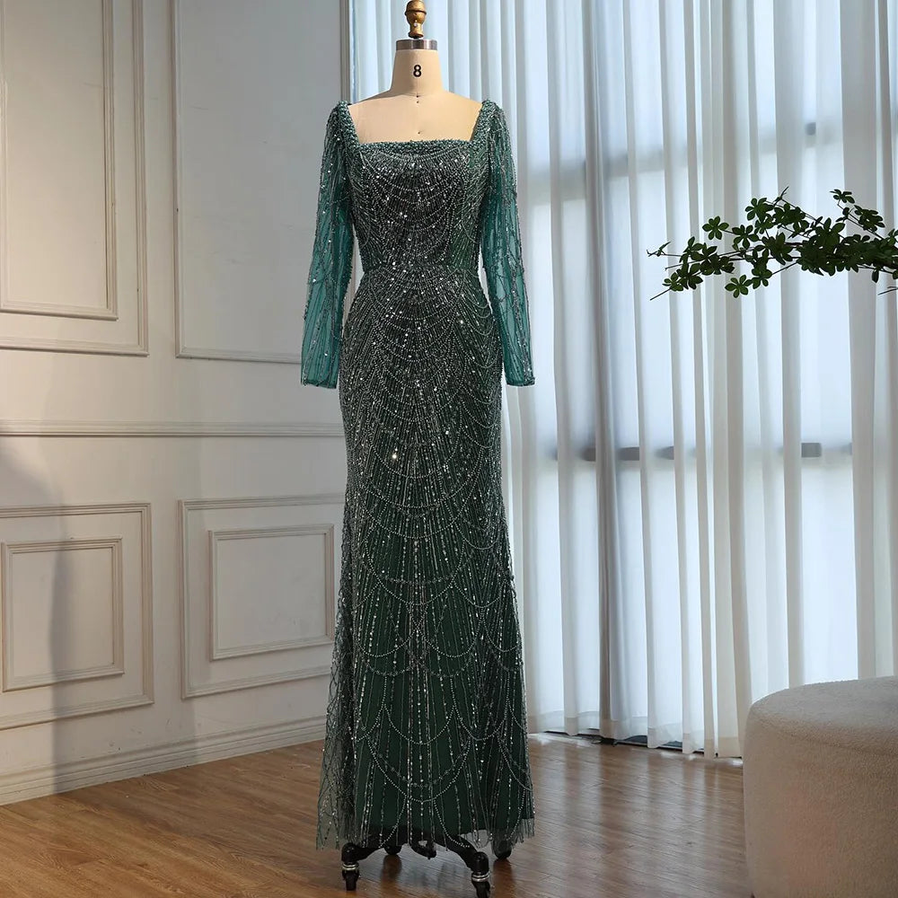 Zapdress Green Square Collar Long Sleeve Mermaid Pearls Beaded Evening Party Gown Overskirt Dress DLA72032N Customized (ZD17342)
