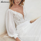 ZapDress Chiffon V Neck Wedding Dress Bride Applique A-Line Civil Double V-Neck Puff Sleeves Bride Gowns Customized