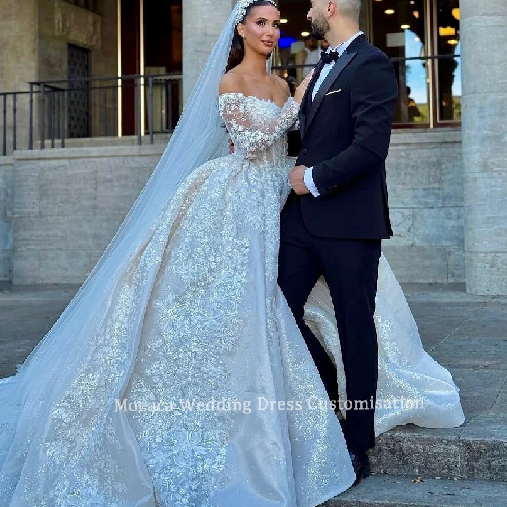 Mocaca Customized Sweetheart Graceful High Collar Shinny Applique Beads Long Sleeves Wedding Dress Princess Vestidos De Novia