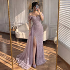 Serene Hill Elegant Off Shoulder Mermaid Beaded Party Dress Luxury Split Open Evening Gown with Side Train Customized DLA72400
