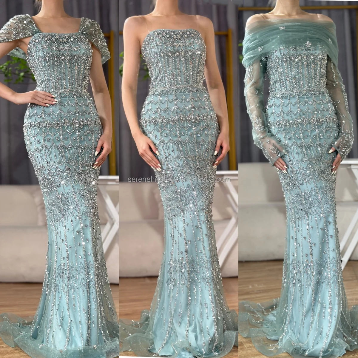 Zapdress Blue Mermaid Beaded Evening Dresses with Detachable Sleeves Elegant Party Gowns for Women DLA72714 Customized (ZD17361)
