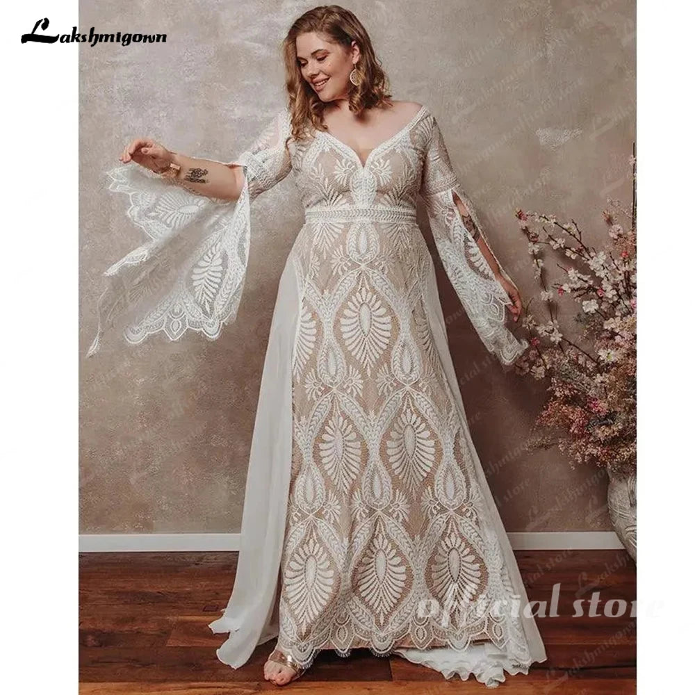 ZapDress Bohemian Boho Wedding Dress Lace Chiffon Long Sleeve Open Back V Neck Plus Size Vestidos De Novia Customized