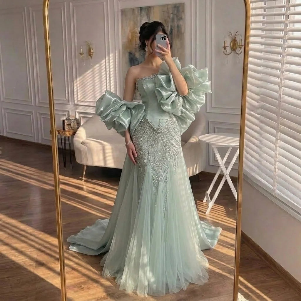 Zapdress Luxury Sage Green Mermaid Evening Dress with Cape 2026 Elegant Beaded Party Gowns for Women DLA73201 Customized (ZD17322)