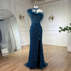 Zapdress Customized 2025 Gray Halter Feathers Beaded Mermaid High Split Evening Dresses Formal Party Gowns for Women (ZD17379)
