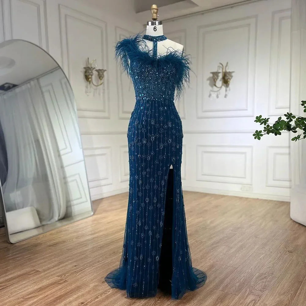 Zapdress Customized 2025 Gray Halter Feathers Beaded Mermaid High Split Evening Dresses Formal Party Gowns for Women (ZD17379)