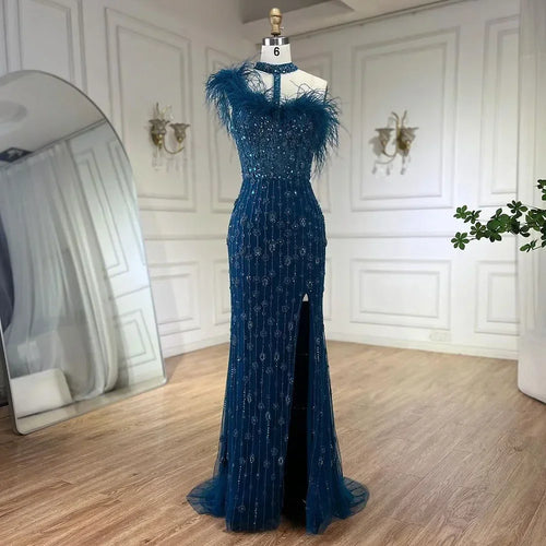 Zapdress Customized 2025 Gray Halter Feathers Beaded Mermaid High Split Evening Dresses Formal Party Gowns for Women (ZD17379)