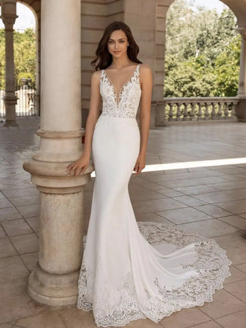 Brush Train Mermaid Wedding Dresses Sexy Depp V-neck Vestidos De Novia Sleeveless Appliques Vestido De Noiva