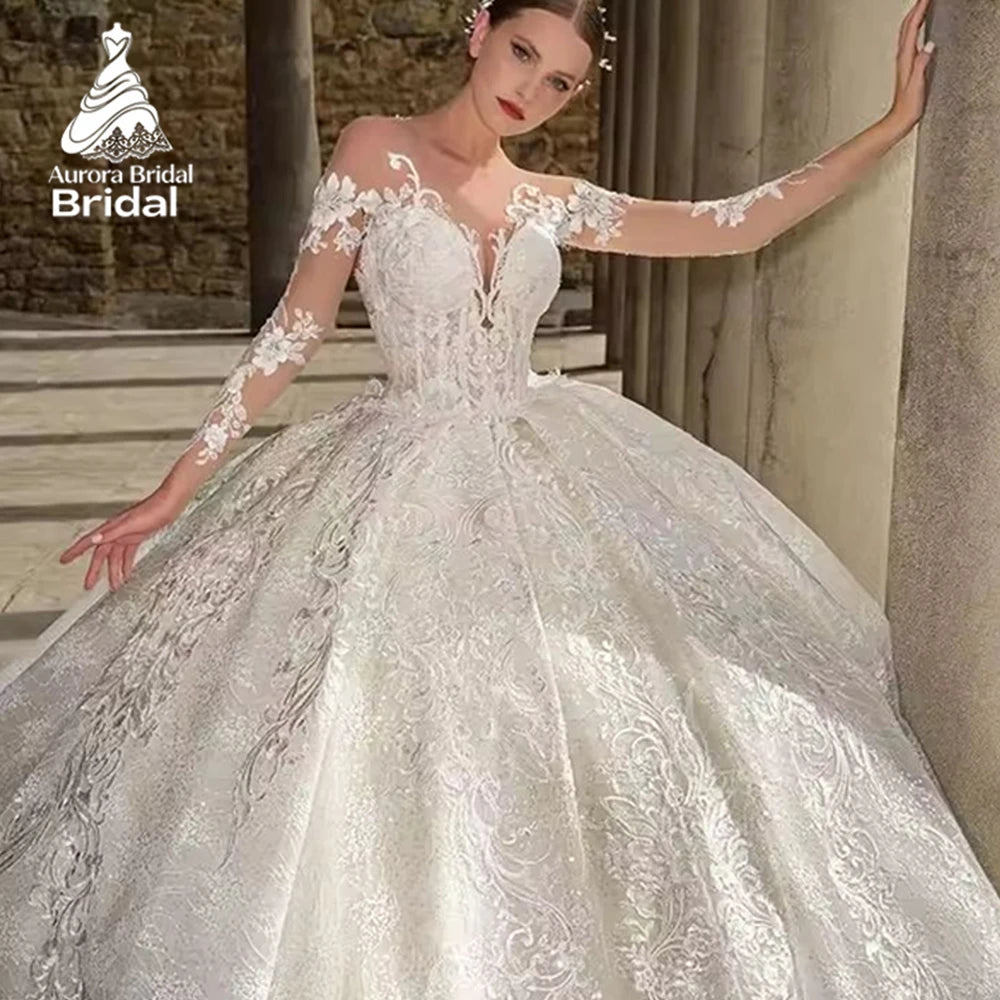 Aurora Customized Princess Vintage Puffy A Line Wedding Dress With Lace Appliques Long Sleeves Bridal Gowns Robe De Marie