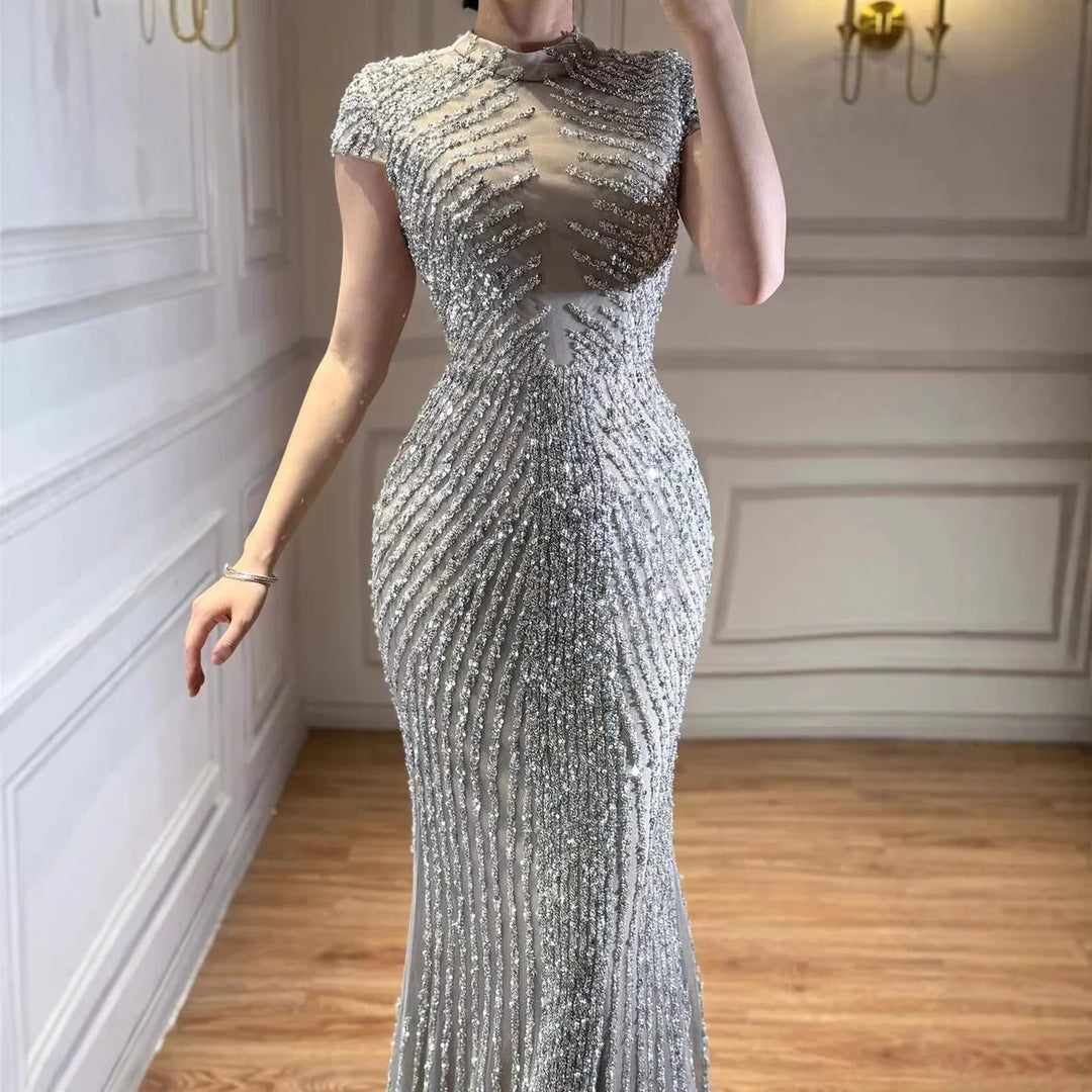 Serene Hill Silver 2026 High Neck Cap Sleeve Mermaid Evening Dress Luxury Beaded Party Gowns Vestidos Customized DLA73221