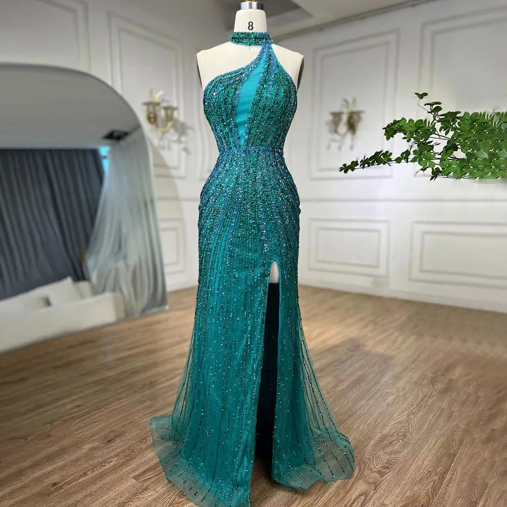 Serene Hill Green Halter Sleeveless Beaded Mermaid High Split Evening Dresses Party Gowns for Women DLA72092 Customized