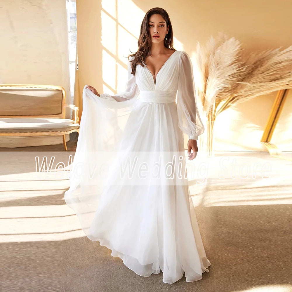 Cheap Chiffon Wedding Dress Long Sleeve Plus Size For Woman Floor Length V Neck Open Back Simple Bridal Gown For Bride Vestidos