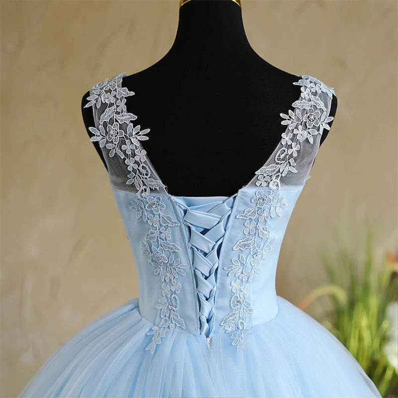 Spring New Sky Blue Quinceanera Dresses Sleeveless V-neck For Party Sweet Ball Gown Lace Appliques Prom Dress Customize Vestido