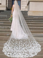 3D Tulle Flower Cathedral Bridal Veil Train Soft Tulle Wedding Veil with Comb White Ivory for Wedding Ceremony Photography G93