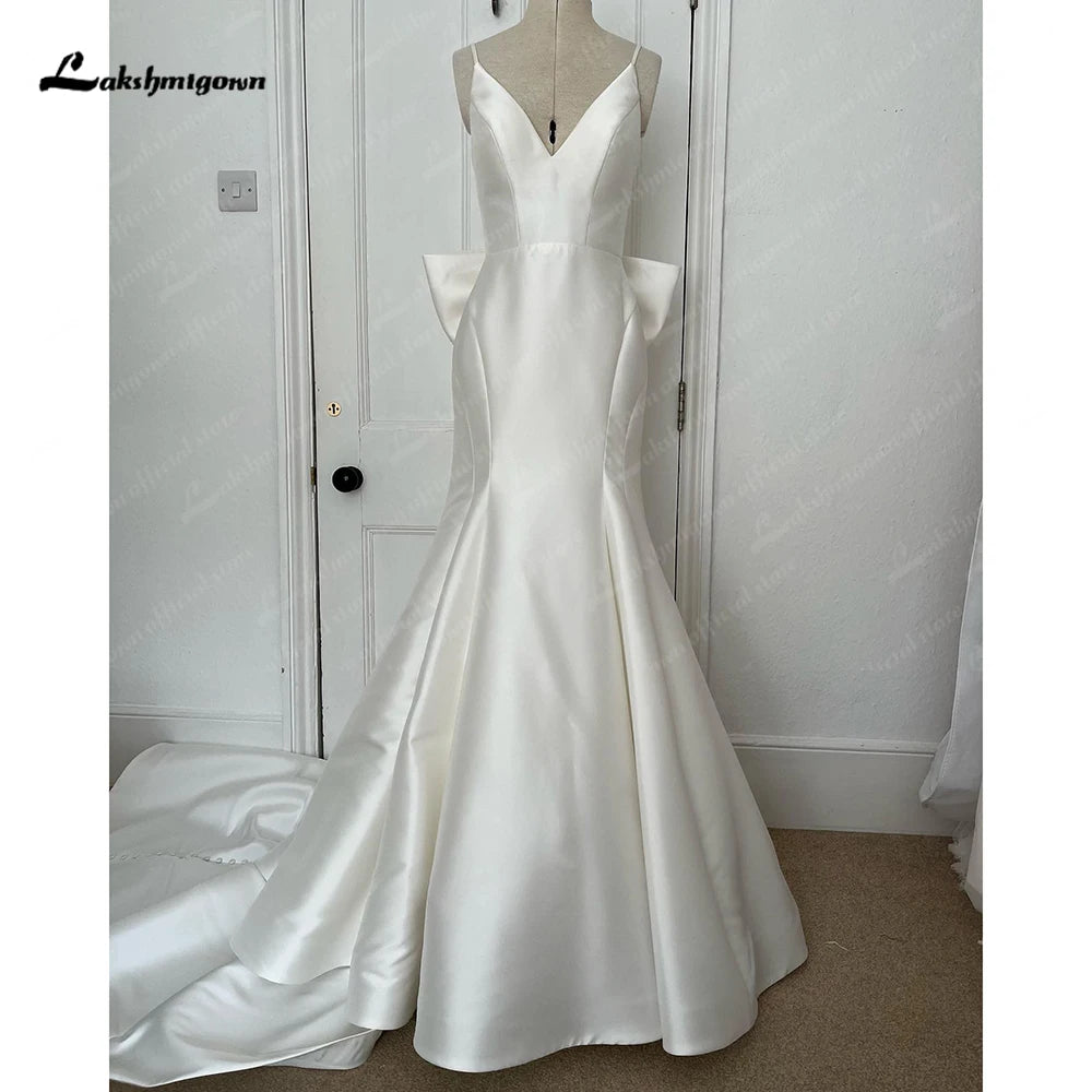 ZapDress Satin Mermaid Wedding Dress Spaghetti Straps Vestido Civil Princess Bridal Dress Backless with Bow