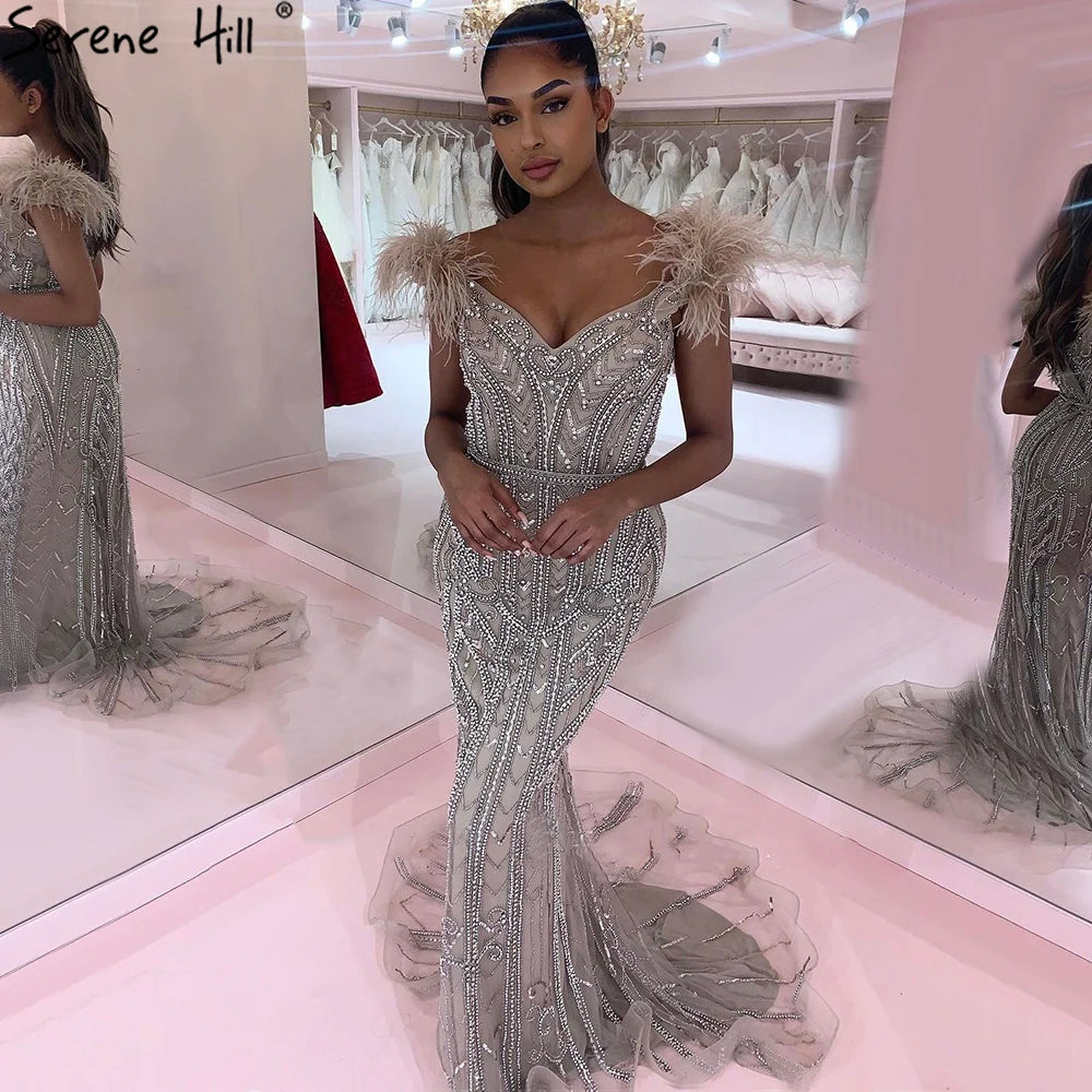 Serene Hill Customized Lilac Feathers Beaded Mermaid Evening Dresses 2025 Elegant Party Gowns for Women DLA70830