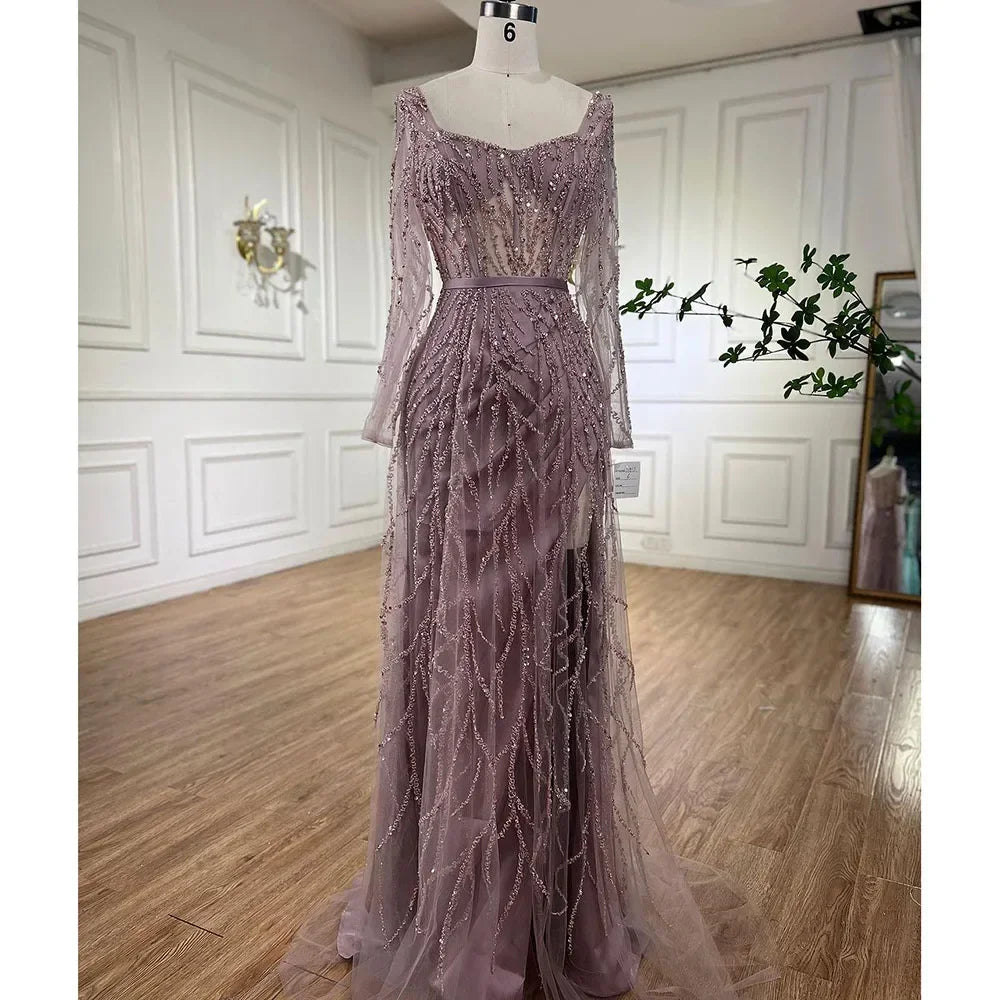 Zapdress Customized Pink Long Sleeves Mermaid Split Beaded Two Pieces Evening Dresses 2025 Party Gowns For Women (ZD17350)