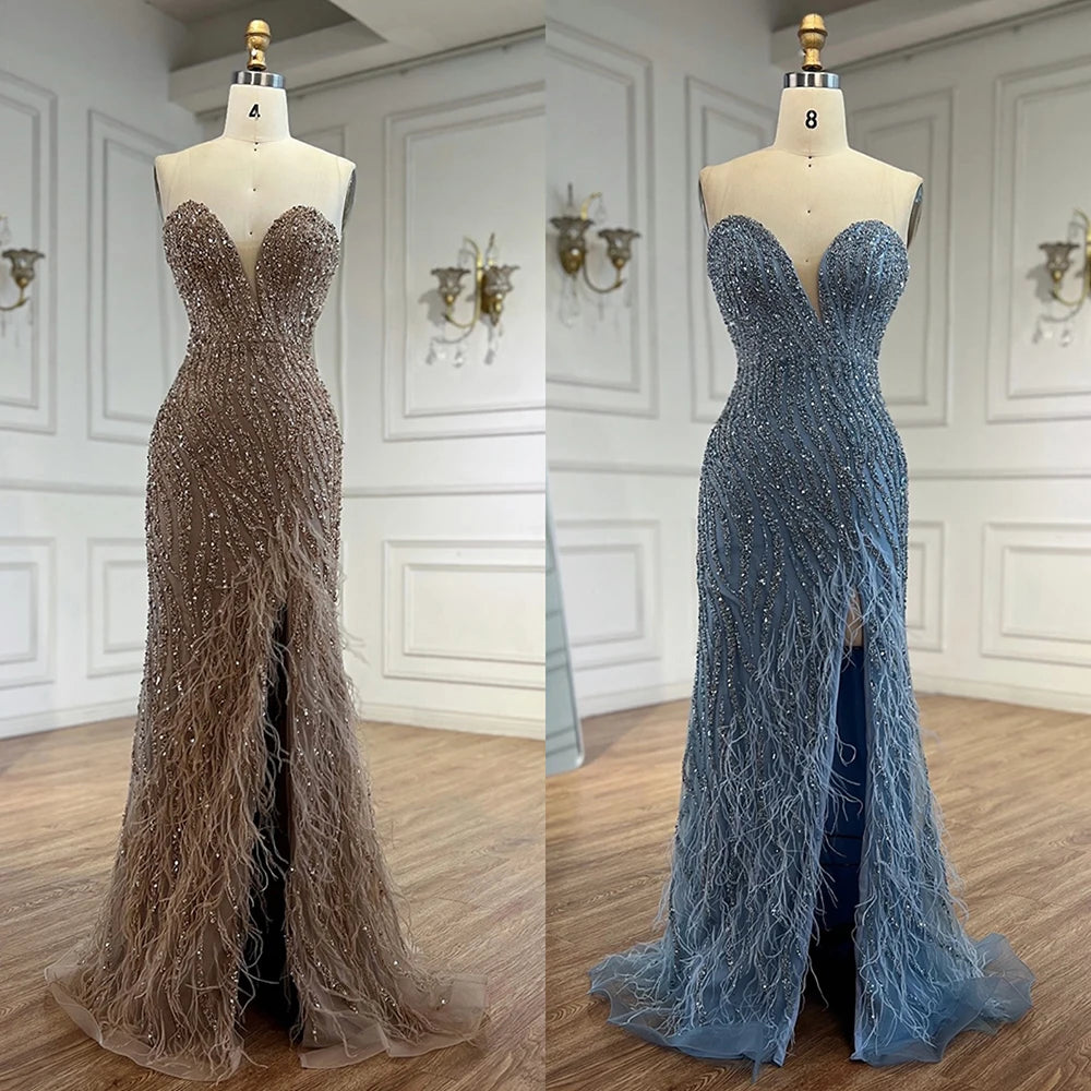 Zapdress Customized 2025 Strapless Blue Luxury Beaded Feathers Slit Open Evening Party Gowns for Women (ZD17371)