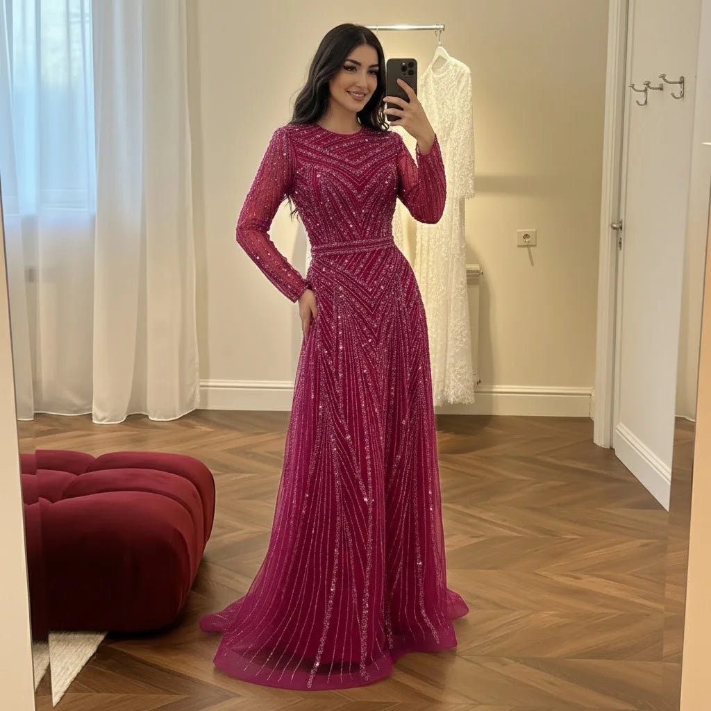 Zapdress Nude Crew Neck A-line Long Sleeves Evening Dress Beaded Wedding Party Gowns for Women 2026 Customized (ZD17382)