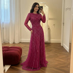 Zapdress Nude Crew Neck A-line Long Sleeves Evening Dress Beaded Wedding Party Gowns for Women 2026 Customized (ZD17382)