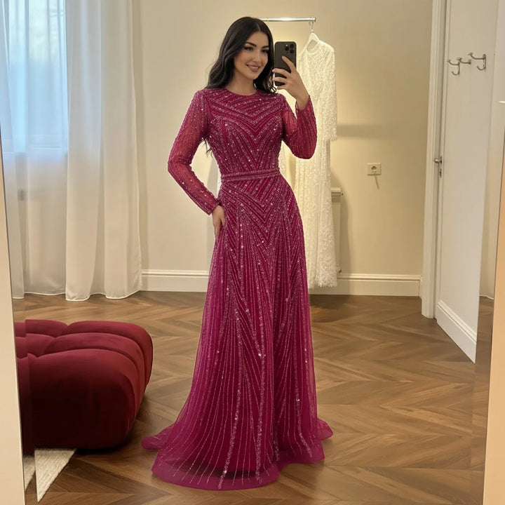 Serene Hill Nude Crew Neck A-line Long Sleeves Evening Dress Beaded Wedding Party Gowns for Women 2026 Customized DLA73208