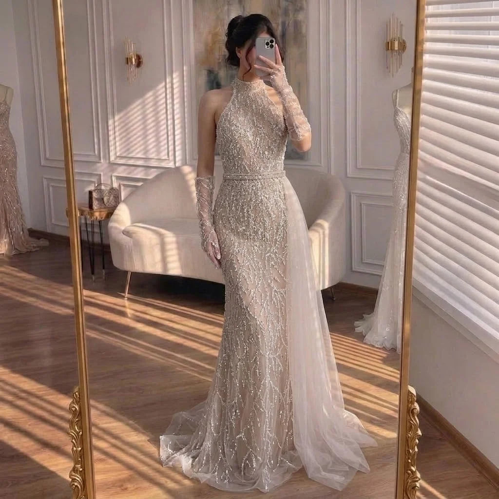 Zapdress White Nude Pearls Halter Mermaid Evening Gowns with Gloves Formal Party Dresses for Women 2026 Customized DLA72345F (ZD17349)