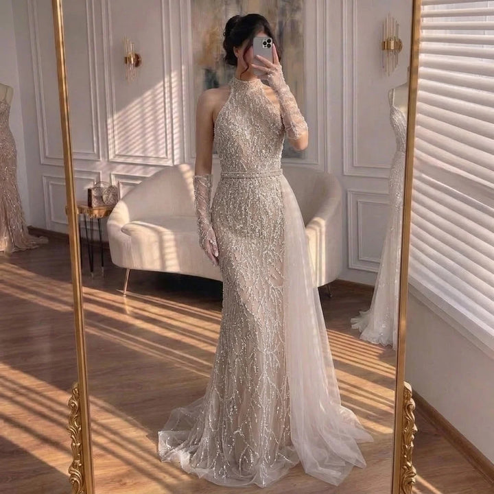 Serene Hill White Nude Pearls Halter Mermaid Evening Gowns with Gloves Formal Party Dresses for Women 2026 Customized DLA72345F
