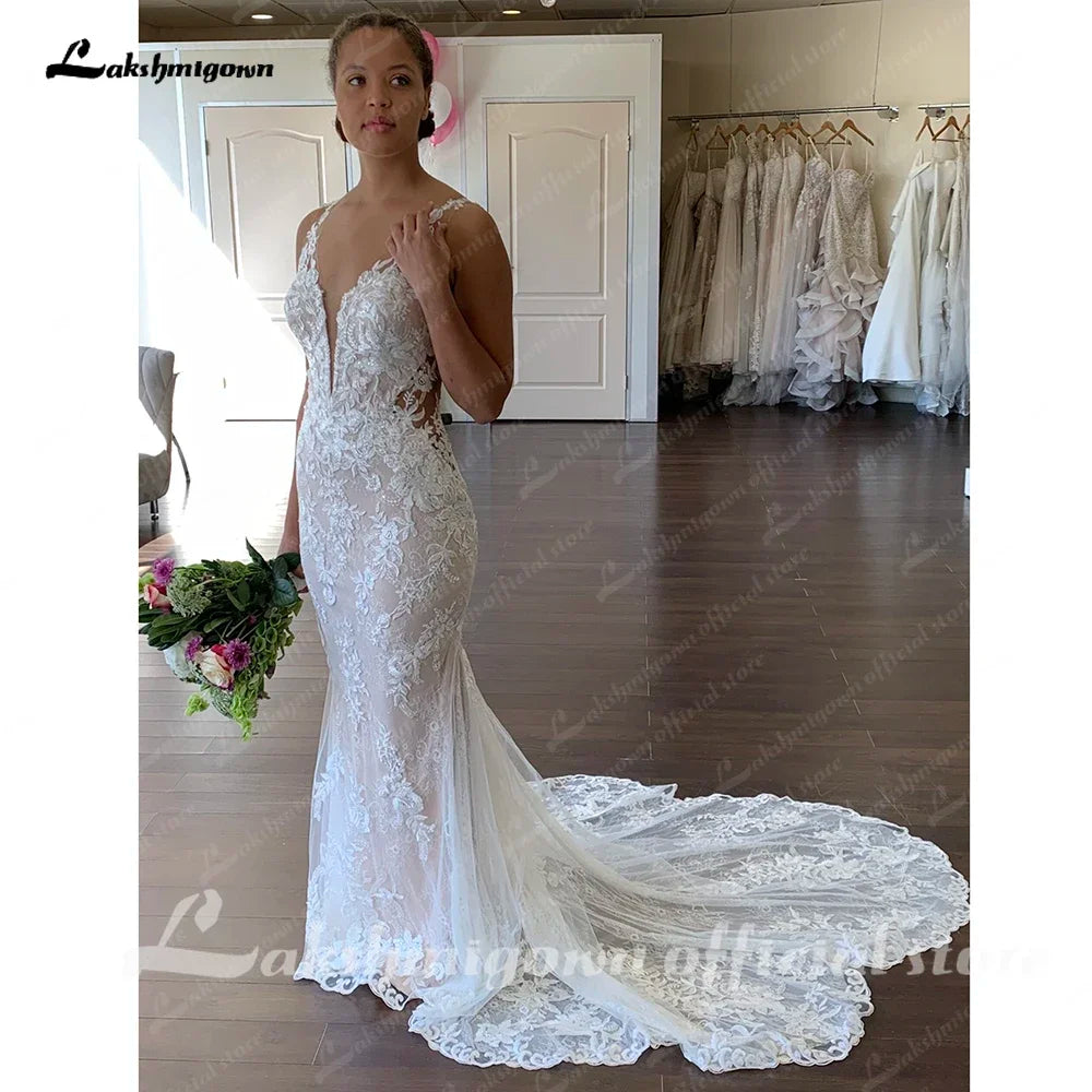 ZapDress Off White V Neck Lace Appliques Illusion Court Train Wedding Dress Boho Mermaid Customized Vestido Branco Sereia