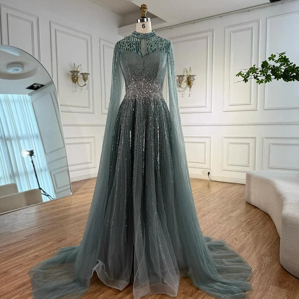 Elegant Modest Blue Beaded Evening Dress with Cape Sleeves Dubai Gown Serene Hill 2025 Customized DLA73059