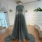 Elegant Modest Blue Beaded Evening Dress with Cape Sleeves Dubai Gown Serene Hill 2025 Customized DLA73059