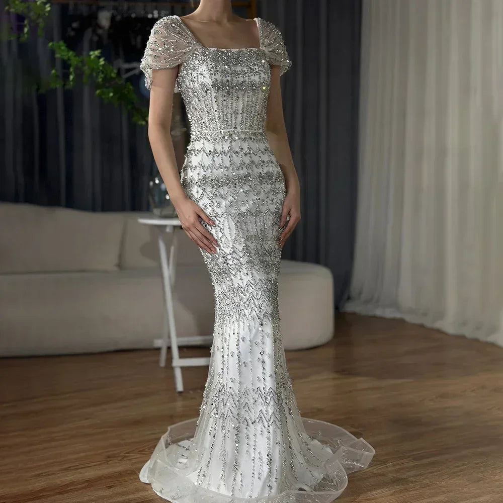 Zapdress Blue Mermaid Beaded Evening Dresses with Detachable Sleeves Elegant Party Gowns for Women DLA72714 Customized (ZD17361)