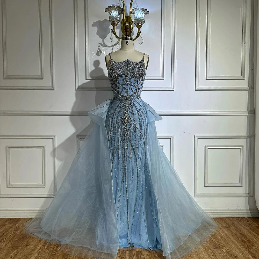 Serene Hill Pink Spaghetti Strap Mermaid Beaded Evening Dresses with Overskirt Formal Party Gowns for Women DLA72810 Customized