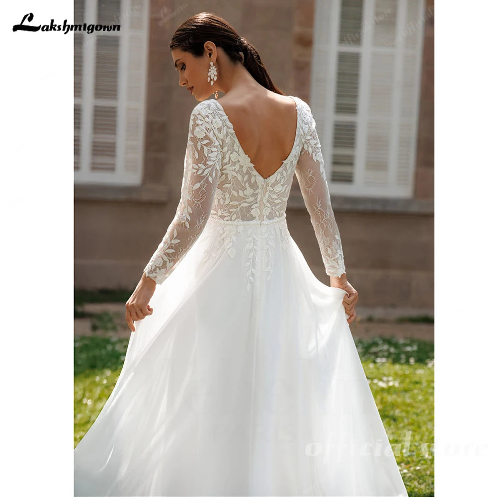 ZapDress Lace V-Neck Chiffon Wedding Dress for Women A-Line Sweep Train Backless Vestidos De Novia  Customized