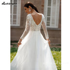 ZapDress Lace V-Neck Chiffon Wedding Dress for Women A-Line Sweep Train Backless Vestidos De Novia  Customized