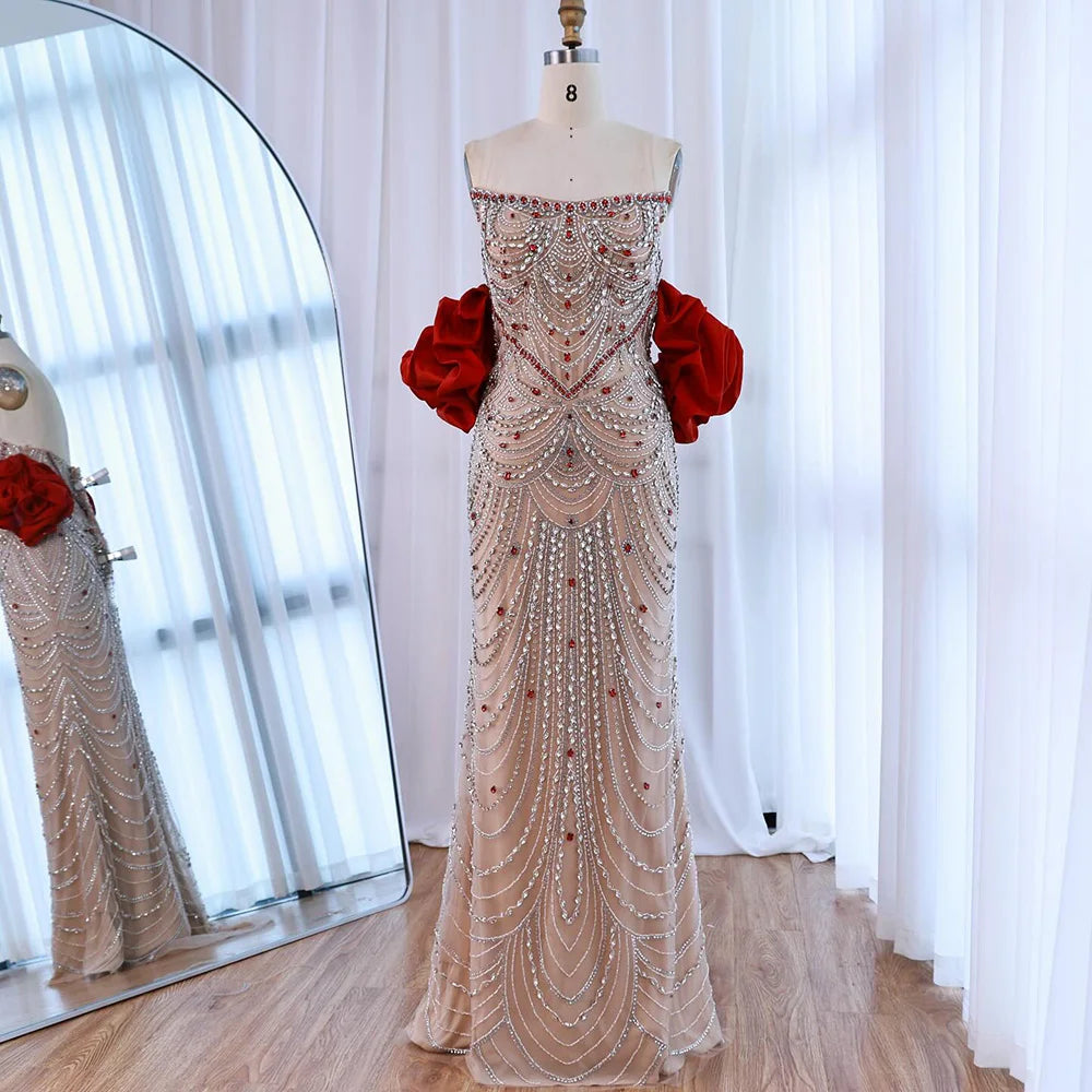 Luxury Beaded Evening Dresses with Elegant Puff Sleeves Pearl Beaded Adorned Design Zapdress DLA72903 Customized
