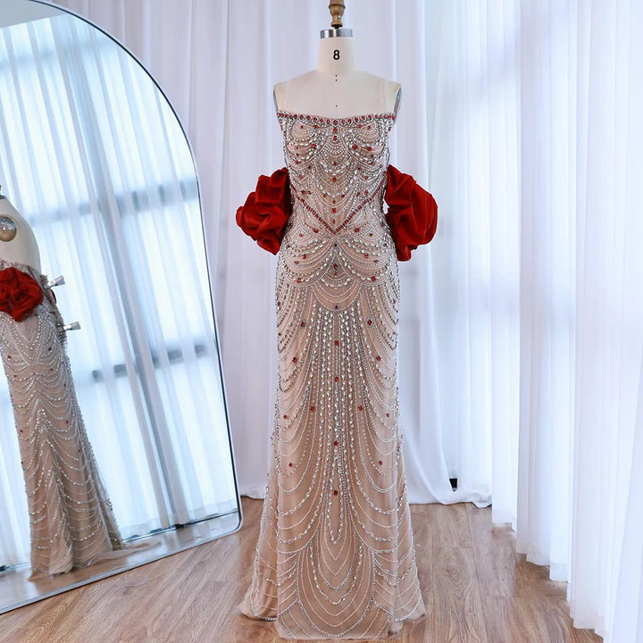 Luxury Beaded Evening Dresses with Elegant Puff Sleeves Pearl Beaded Adorned Design Zapdress DLA72903 Customized