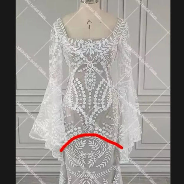 Boho Long Batwing Sleeves Lace Wedding Dress Drop Ship Customized Mermaid Rustic Beach 2026 Square Neck Open Back Bridal Gowns