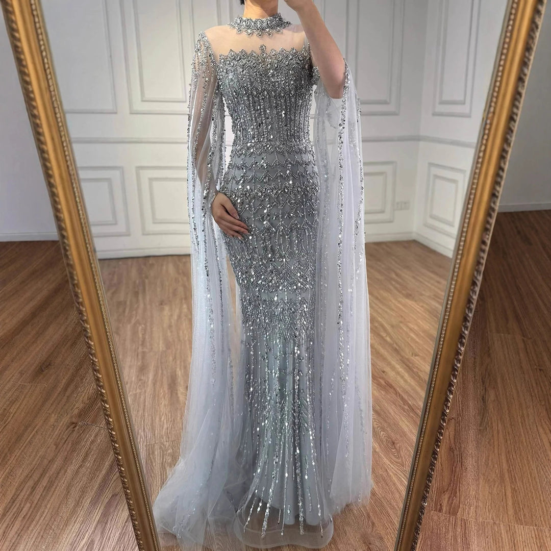Serene Hill Dubai Blue Beaded Evening Dress with Cape Sleeves 2025 Formal Party Gowns for Women DLA72714A Customized