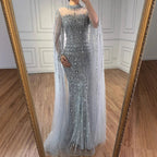 Serene Hill Dubai Blue Beaded Evening Dress with Cape Sleeves 2025 Formal Party Gowns for Women DLA72714A Customized