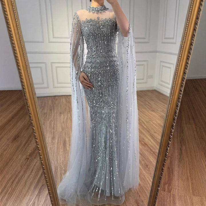 Serene Hill Dubai Blue Beaded Evening Dress with Cape Sleeves 2025 Formal Party Gowns for Women DLA72714A Customized