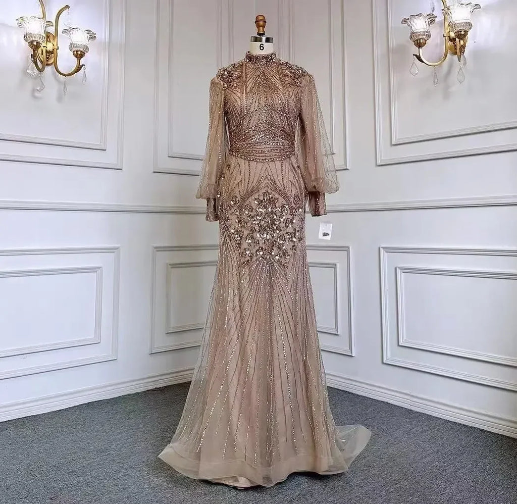 Serene Hill Customized Silver Beaded Mermaid Evening Dresses 2025 Full Sleeves Elegant Party Gowns For Women DLA71036