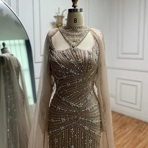 Luxury Caramel Mermaid Evening Dress with Cape Sleeves LA73052