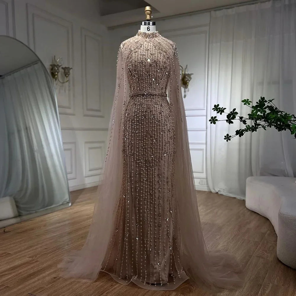 Dubai Grey Mermaid Cape Sleeves Pearls Beaded Elegant Evening Dresses Gowns 2025 Wedding Party DLA72372 Customized (ZD17362)