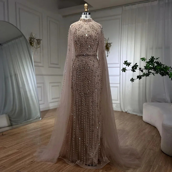 Dubai Grey Mermaid Cape Sleeves Pearls Beaded Elegant Evening Dresses Gowns 2025 Wedding Party DLA72372 Customized