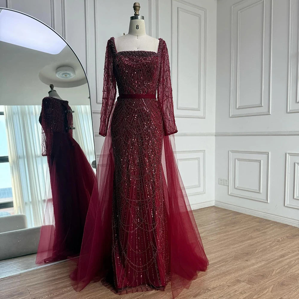 Zapdress Green Square Collar Long Sleeve Mermaid Pearls Beaded Evening Party Gown Overskirt Dress DLA72032N Customized (ZD17342)