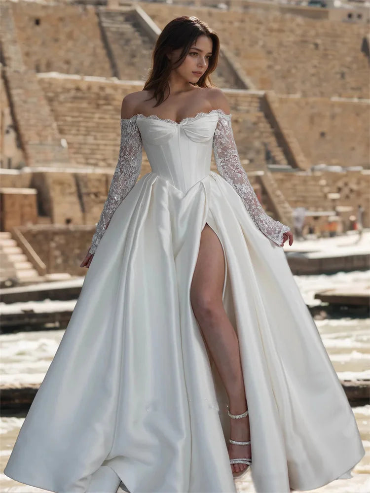 Customized Off Shoulder Long Appliques Sleeves Satin A-Line Wedding Elegant Lace-up Back Floor Length Side Slit Gown For Bride