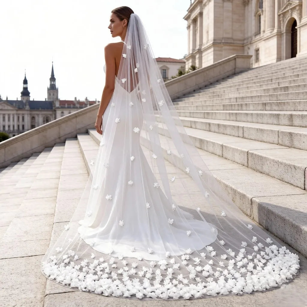 3D Tulle Flower Cathedral Bridal Veil Train Soft Tulle Wedding Veil with Comb White Ivory for Wedding Ceremony Photography G93