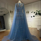 Customized 2025 Muslim A-Line Blue Beaded Elegant Evening Dresses With Cape Sleeves For Wedding Occasion (ZD17385)