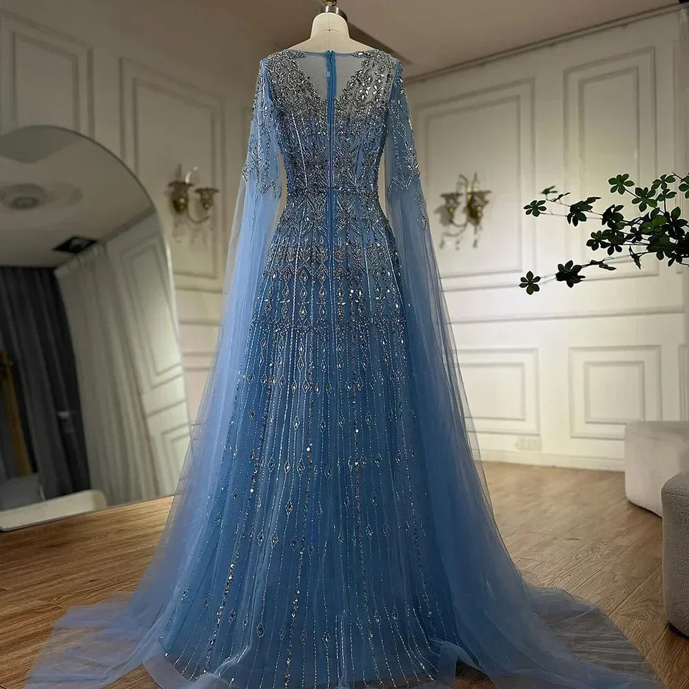 Customized 2025 Muslim A-Line Blue Beaded Elegant Evening Dresses With Cape Sleeves For Wedding Occasion (ZD17385)